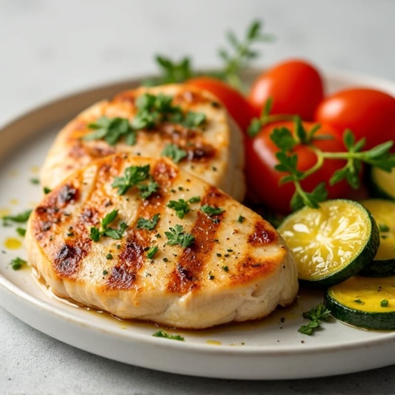 Grilled Chicken Breast with Roasted Zucchini and Tomato