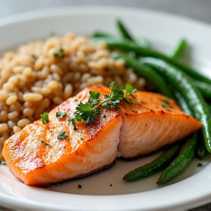 Seared Salmon with Steamed Green Beans and Brown Rice