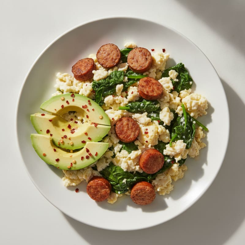 Egg White Scramble with Turkey Sausage and Sautéed Spinach