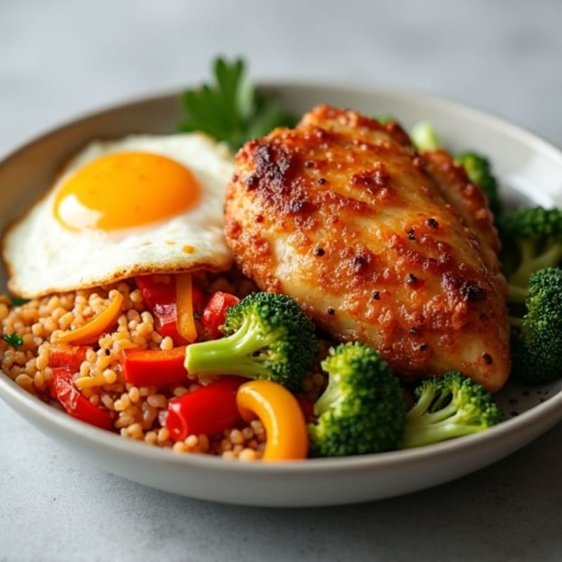 Crispy Chicken Thighs with Savory Kimchi Fried Rice and Stir-Fry Vegetables