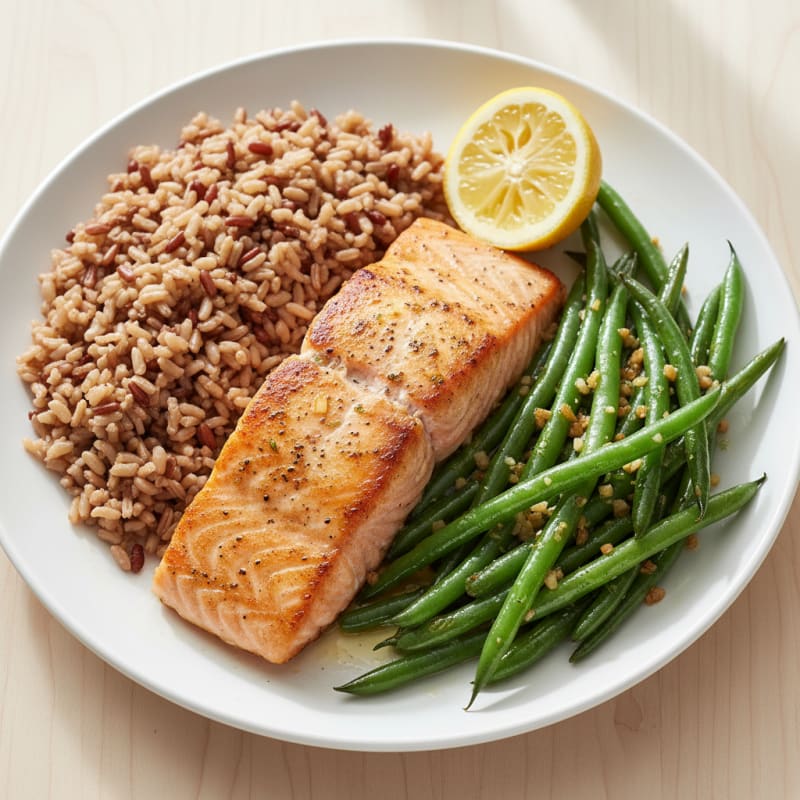 Seared Salmon with Garlic Green Beans and Brown Rice