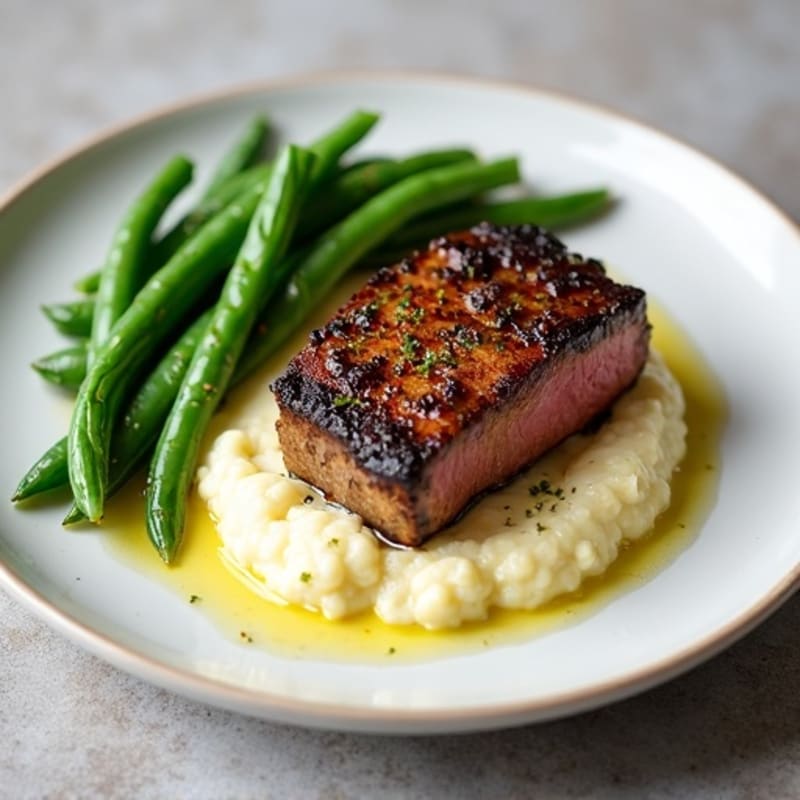 Seared Sirloin Steak with Steamed Green Beans and Cauliflower Mash