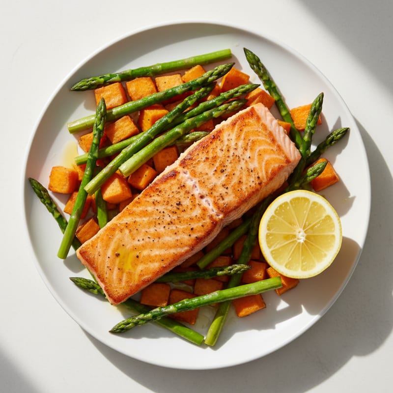 Seared Salmon Filet with Roasted Sweet Potato and Asparagus