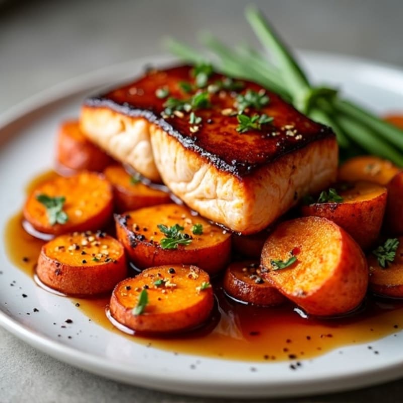 Rich Balsamic Glazed Salmon with Roasted Sweet Potatoes