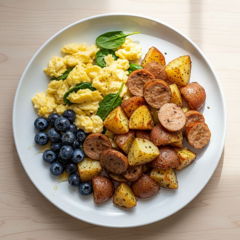 Scrambled Eggs with Roasted Potatoes and Turkey Sausage