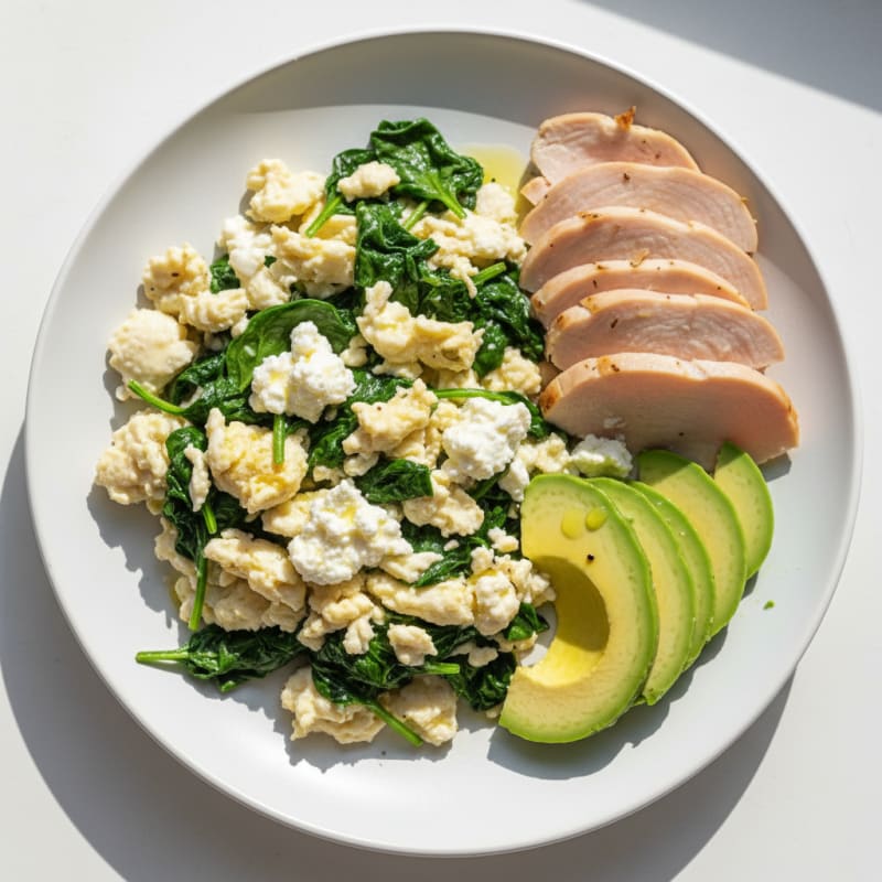 Egg White and Spinach Scramble with Cottage Cheese and Sliced Turkey Breast