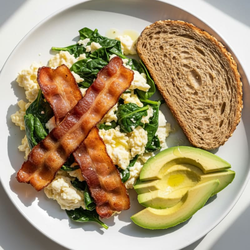 Crispy Turkey Bacon and Egg White Scramble with Spinach