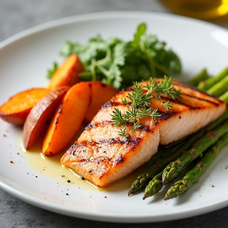 Seared Salmon with Roasted Sweet Potatoes and Asparagus