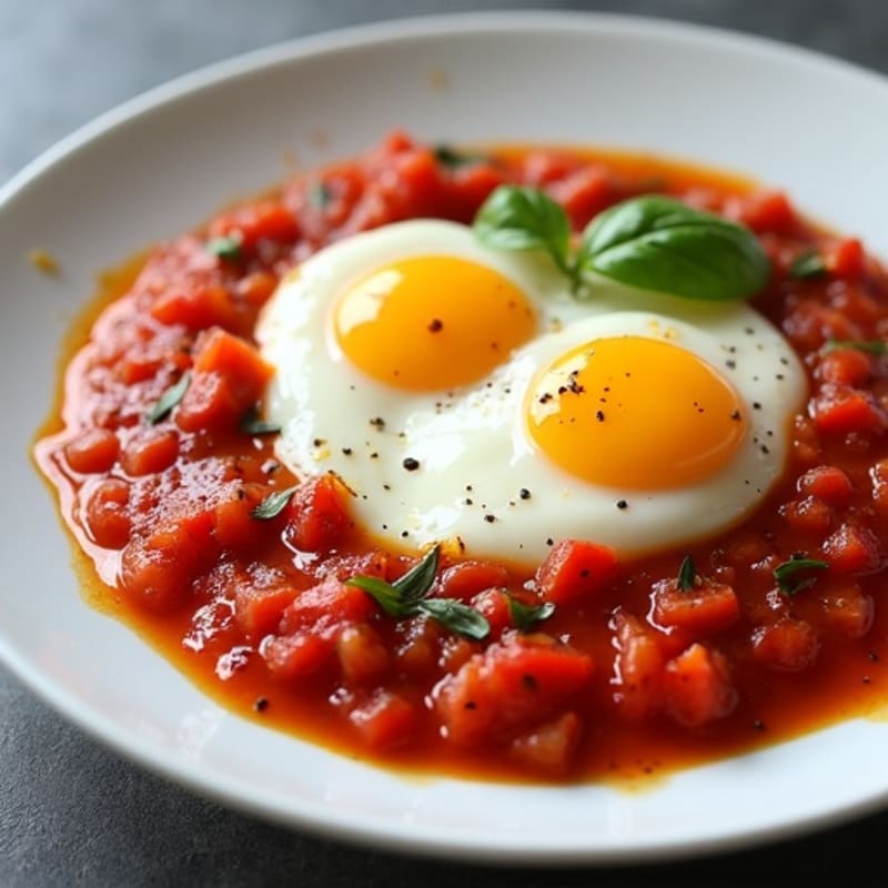 Fresh Poached Eggs in Spicy Tomato and Bell Pepper Sauce