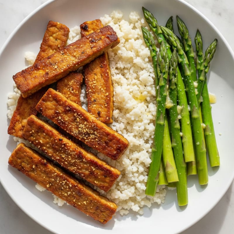 Crispy Tempeh with Cauliflower Rice and Steamed Asparagus