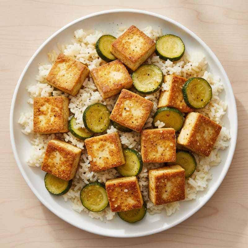 Pan-Seared Tofu with Zucchini and Rice