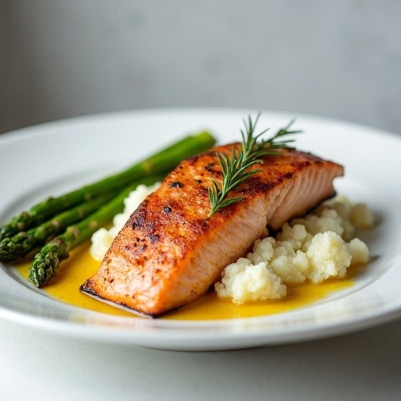 Seared Salmon Filet with Steamed Asparagus and Cauliflower Mash