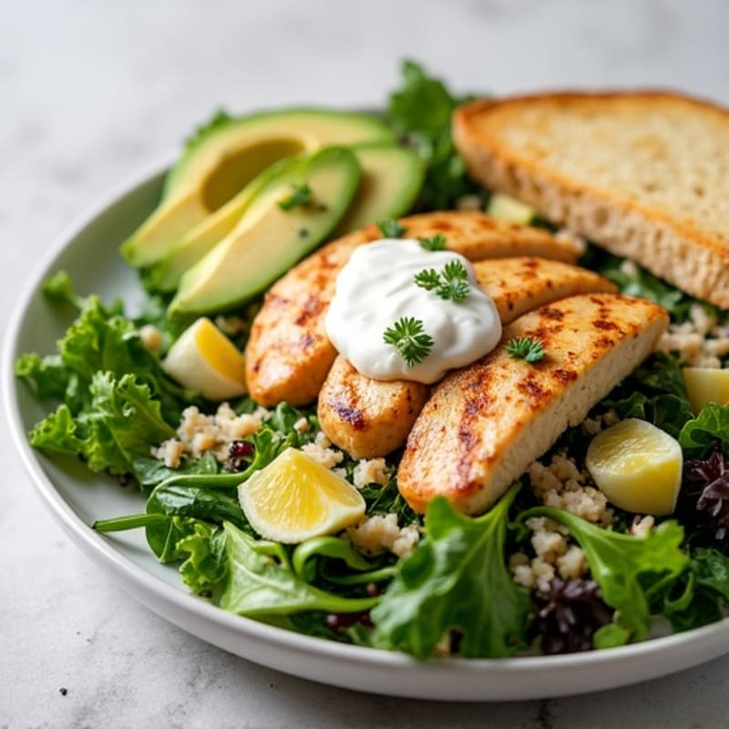 Grilled Chicken and Sauerkraut Salad with Avocado and Mixed Greens