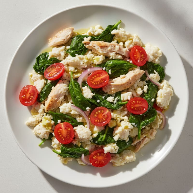 Egg White Scramble with Shredded Chicken and Spinach