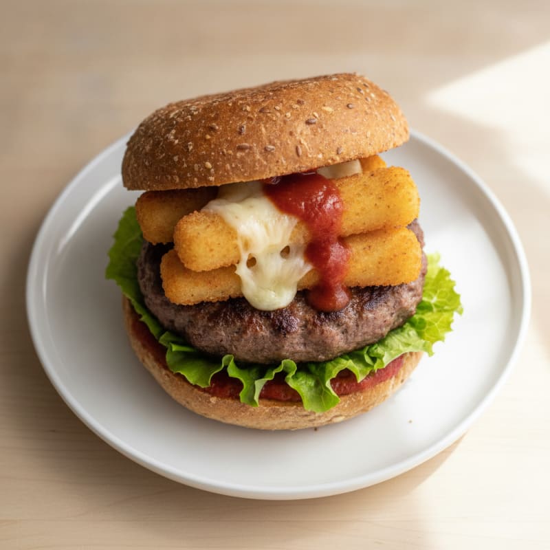 Mozzarella Stick Beef Burger with Marinara