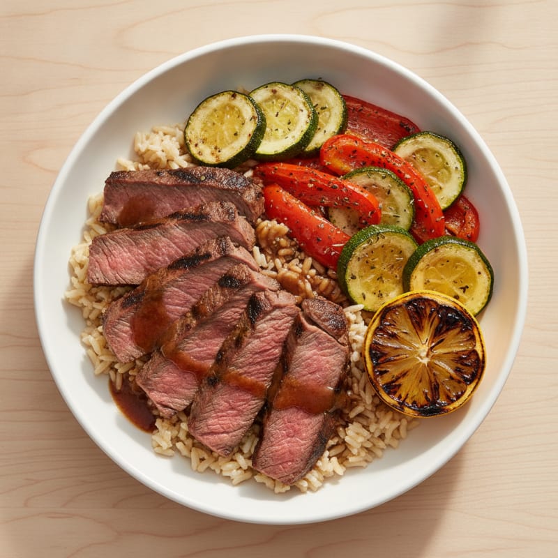 Grilled Steak and Roasted Vegetable Bowl with Brown Rice