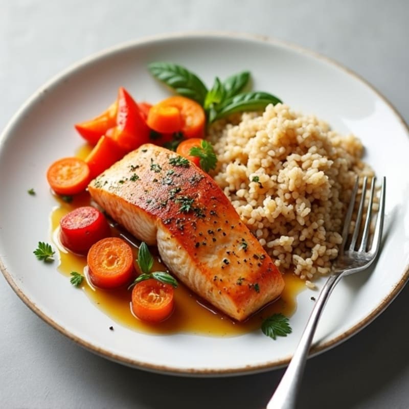 Crispy Pan-Seared Salmon with Herb-Roasted Bell Peppers, Carrots, and Fluffy Brown Rice