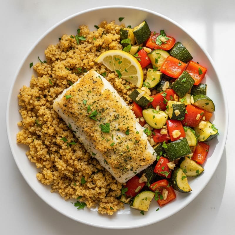Herb-Baked Fish with Crispy Quinoa and Roasted Vegetables
