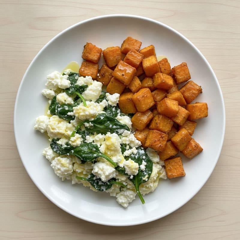 Cottage Cheese and Egg White Scramble with Spinach and Roasted Sweet Potato