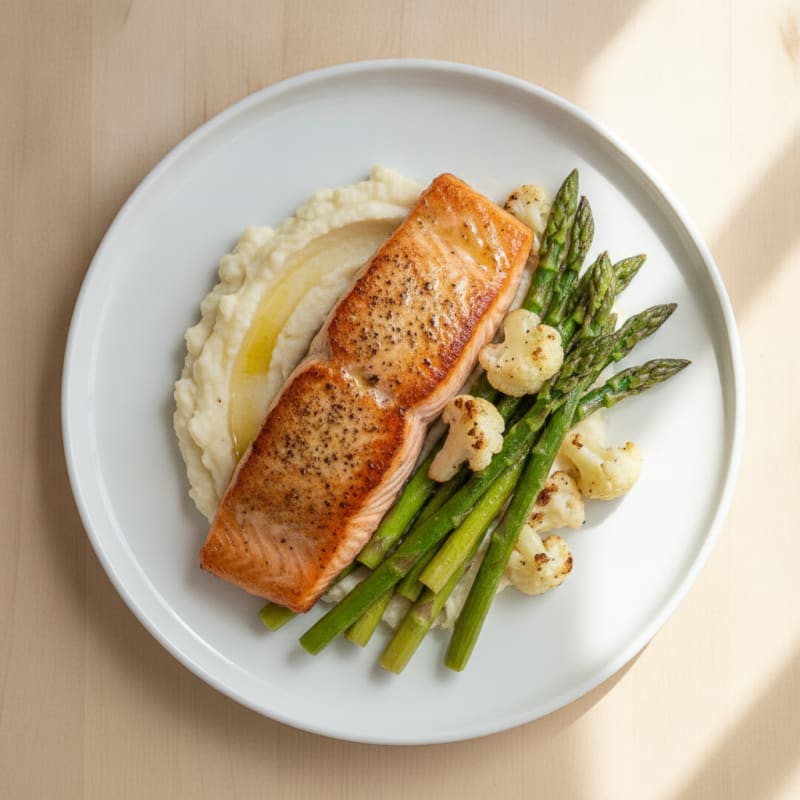 Seared Salmon with Roasted Asparagus and Cauliflower Mash