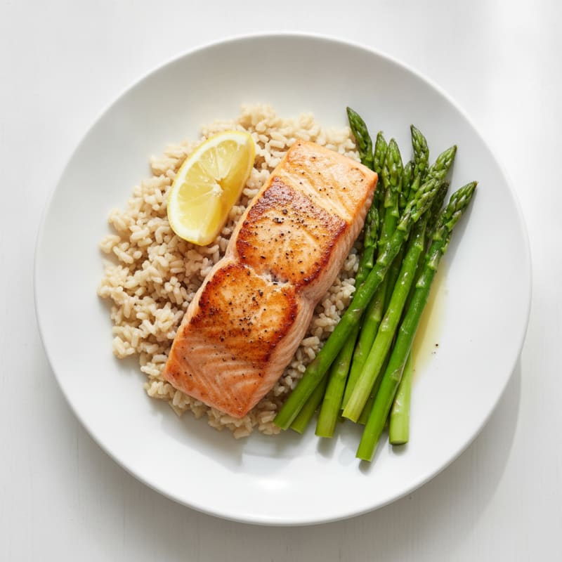 Seared Salmon with Steamed Asparagus and Brown Rice
