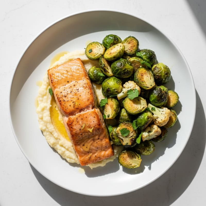 Crispy Baked Salmon with Herb-Roasted Brussels Sprouts and Cauliflower Mash