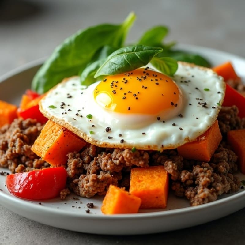 Savory Ground Beef and Roasted Sweet Potato Hash