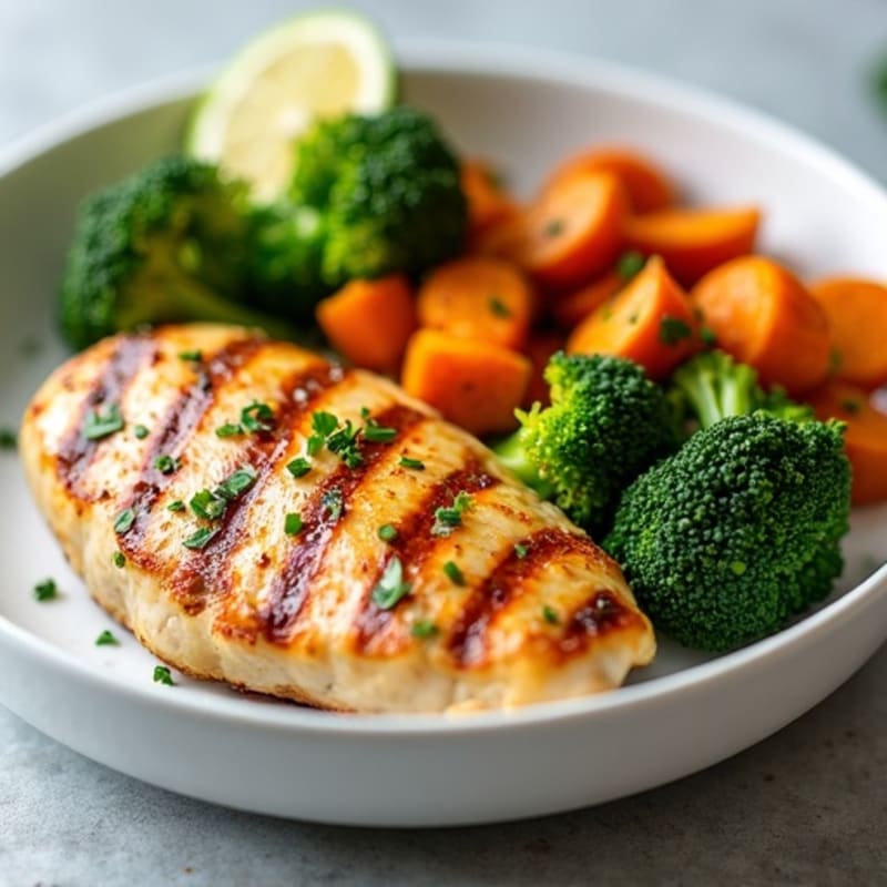 Grilled Chicken Breast with Roasted Sweet Potatoes and Steamed Broccoli