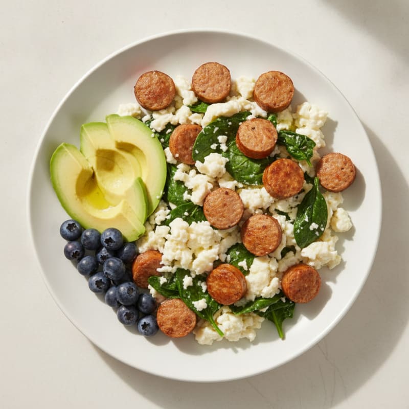 Egg White Scramble with Turkey Sausage and Sautéed Spinach