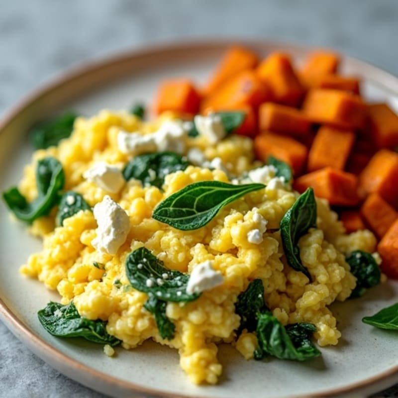 Fluffy Fresh Spinach and Feta Scrambled Eggs with Crispy Sweet Potato Hash