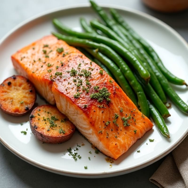 Seared Salmon with Garlic Green Beans and Roasted Sweet Potato