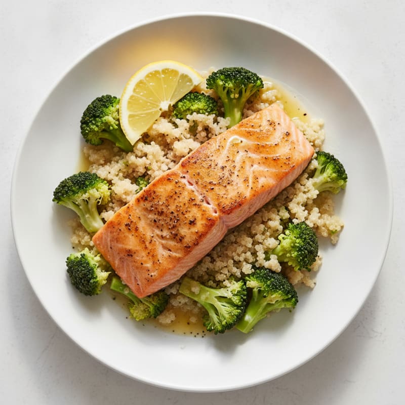 Seared Salmon Fillet with Steamed Broccoli and Quinoa