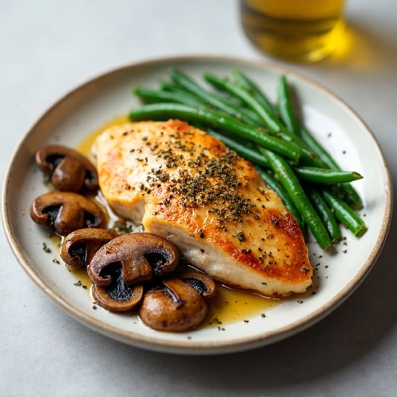 Pan-Seared Chicken with Roasted Garlic Butter Mushrooms and Crispy Green Beans