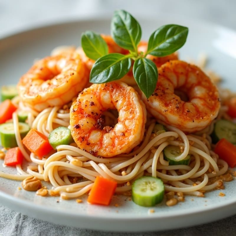 Pan-Seared Shrimp with Rice Noodles, Crisp Vegetables, and Savory Peanut Dressing