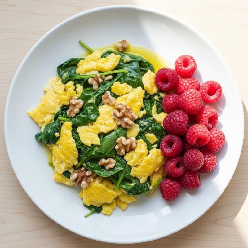 Scrambled Eggs with Sautéed Spinach and Walnuts