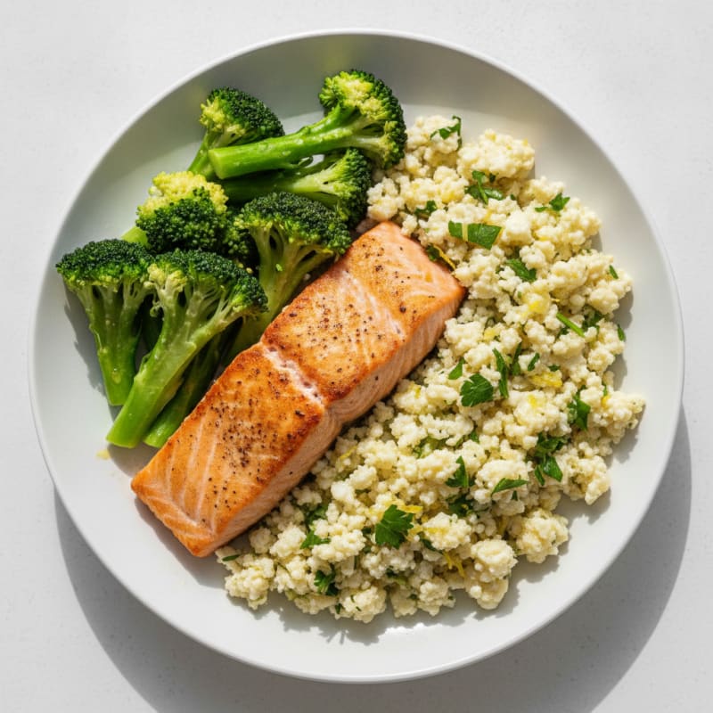 Seared Salmon Fillet with Steamed Broccoli and Herb-Cauliflower Rice