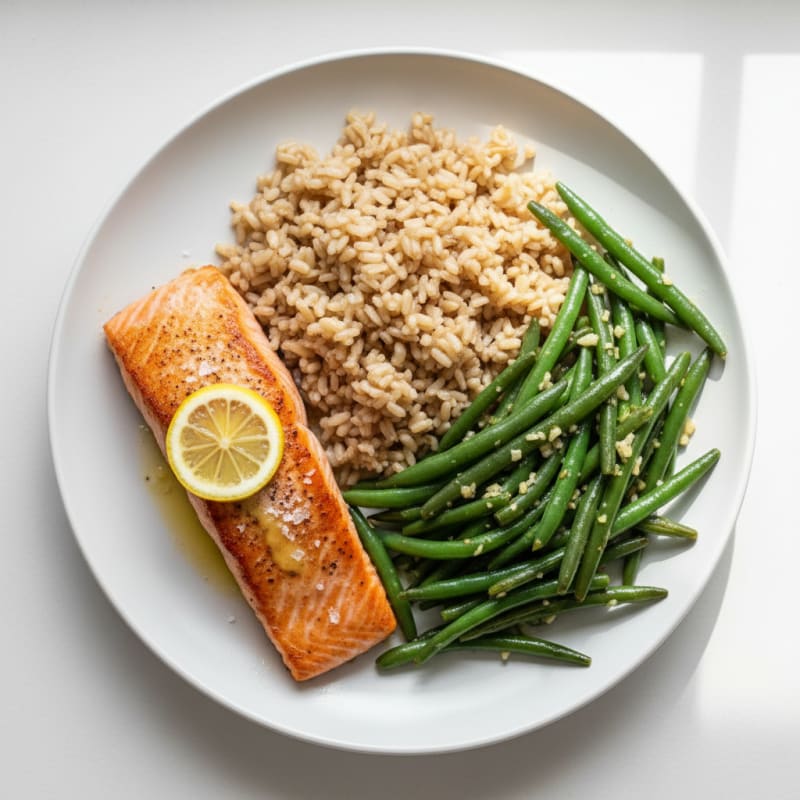 Seared Salmon with Garlic Green Beans and Brown Rice