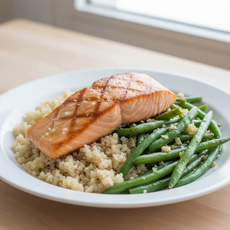 Seared Salmon Fillet with Garlic Green Beans and Quinoa