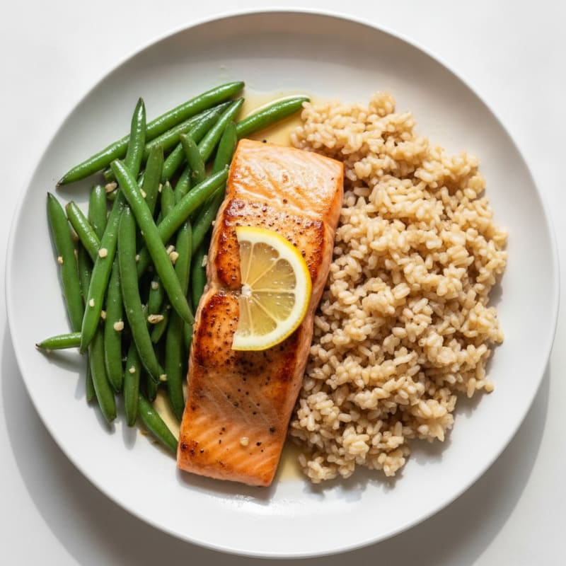 Seared Salmon with Garlic Green Beans and Steamed Brown Rice