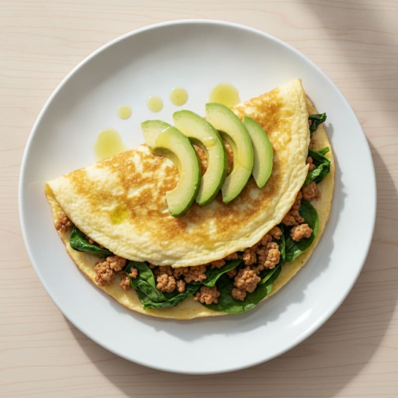 Egg White Spinach Omelet with Sautéed Turkey and Avocado