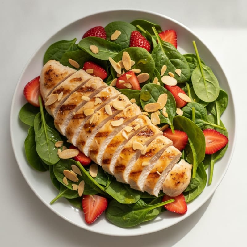 Grilled Chicken Breast with Strawberry Spinach Salad and Toasted Almonds