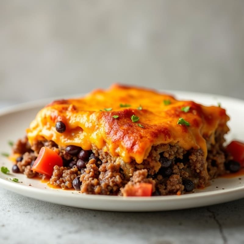 Lean Ground Beef and Black Bean Cheesy Tortilla Bake