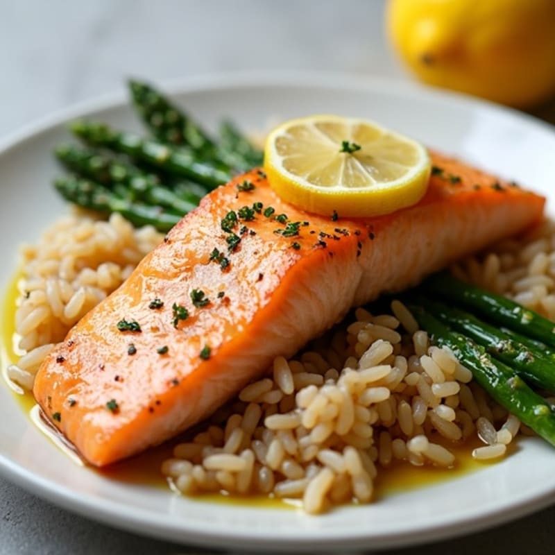 Seared Salmon with Steamed Asparagus and Brown Rice