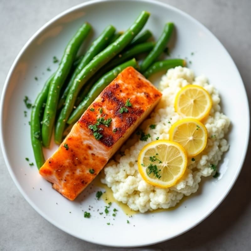 Seared Salmon with Lemon Garlic Green Beans and Cauliflower Mash