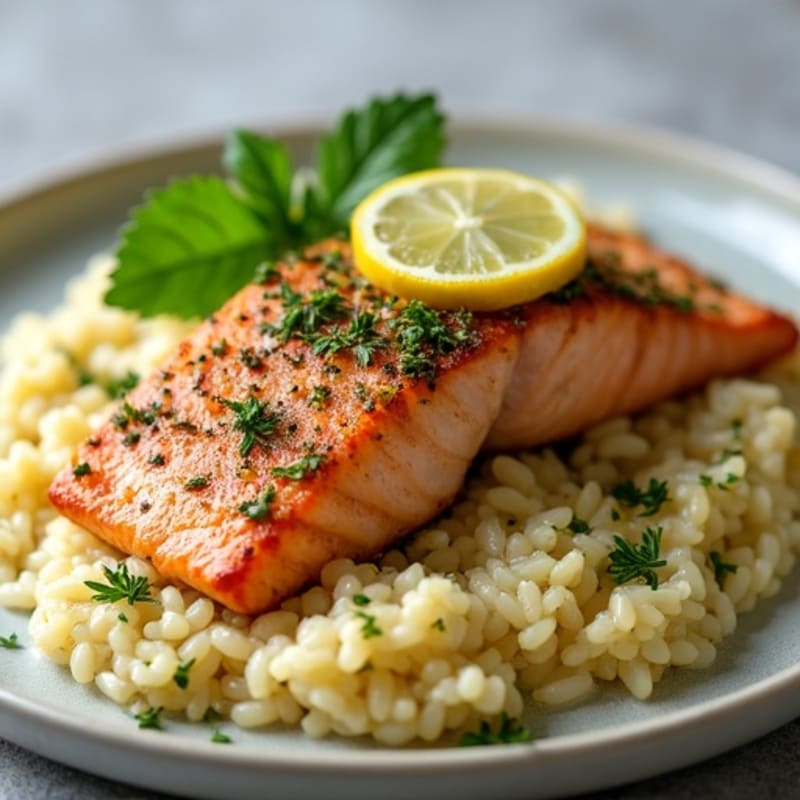 Herb-Crusted Pan Seared Salmon with Creamy Lemon Risotto