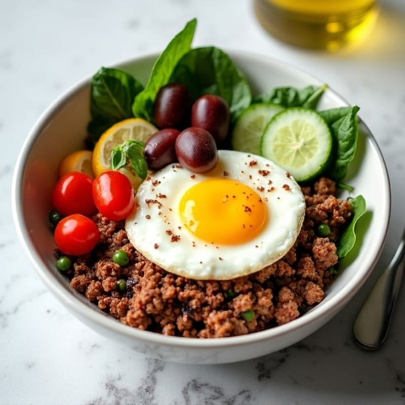 Protein-Packed Mediterranean Breakfast Bowl with Ground Beef and Eggs