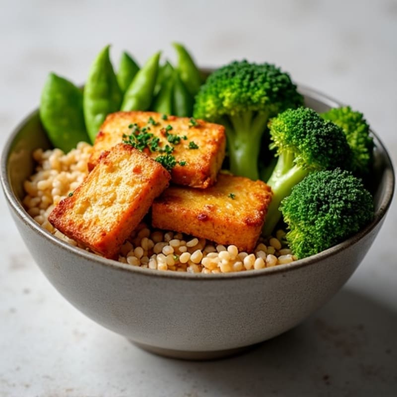 Crispy Peanut Tofu Bowl with Roasted Broccoli and Brown Rice