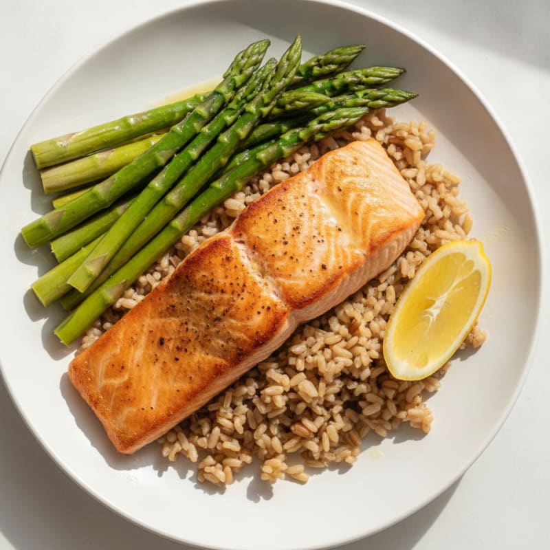 Seared Salmon Fillet with Steamed Asparagus and Brown Rice