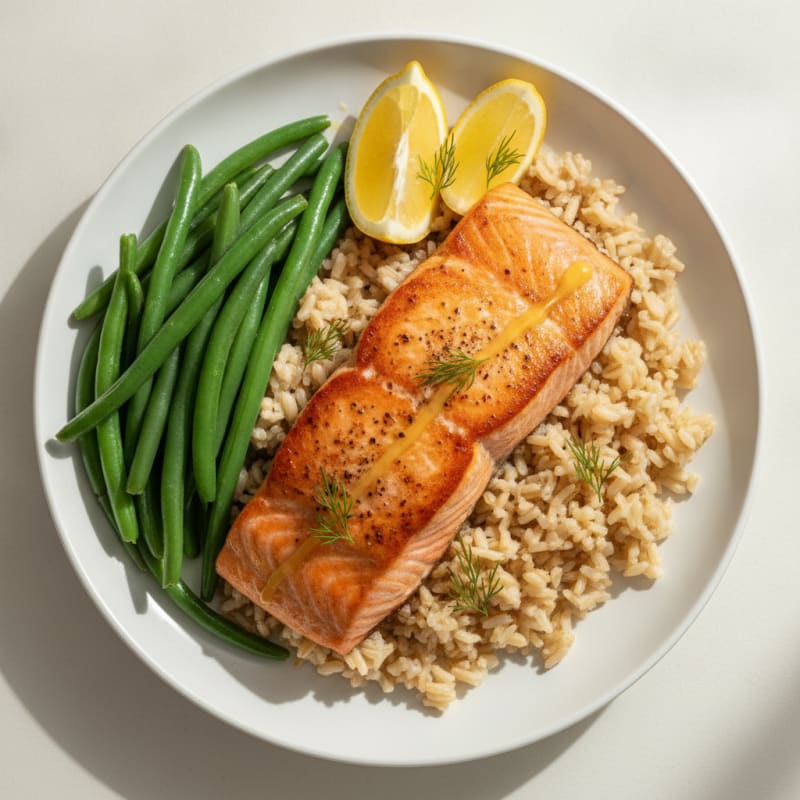 Seared Salmon with Steamed Green Beans and Brown Rice