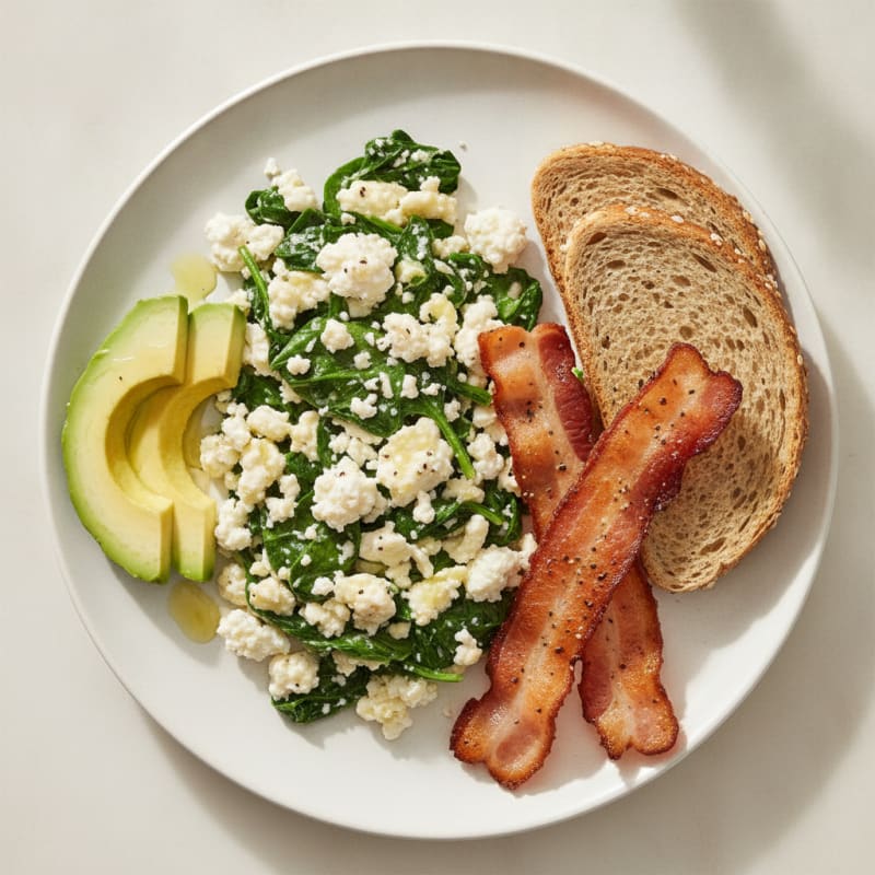 Egg White and Cottage Cheese Scramble with Spinach and Turkey Bacon
